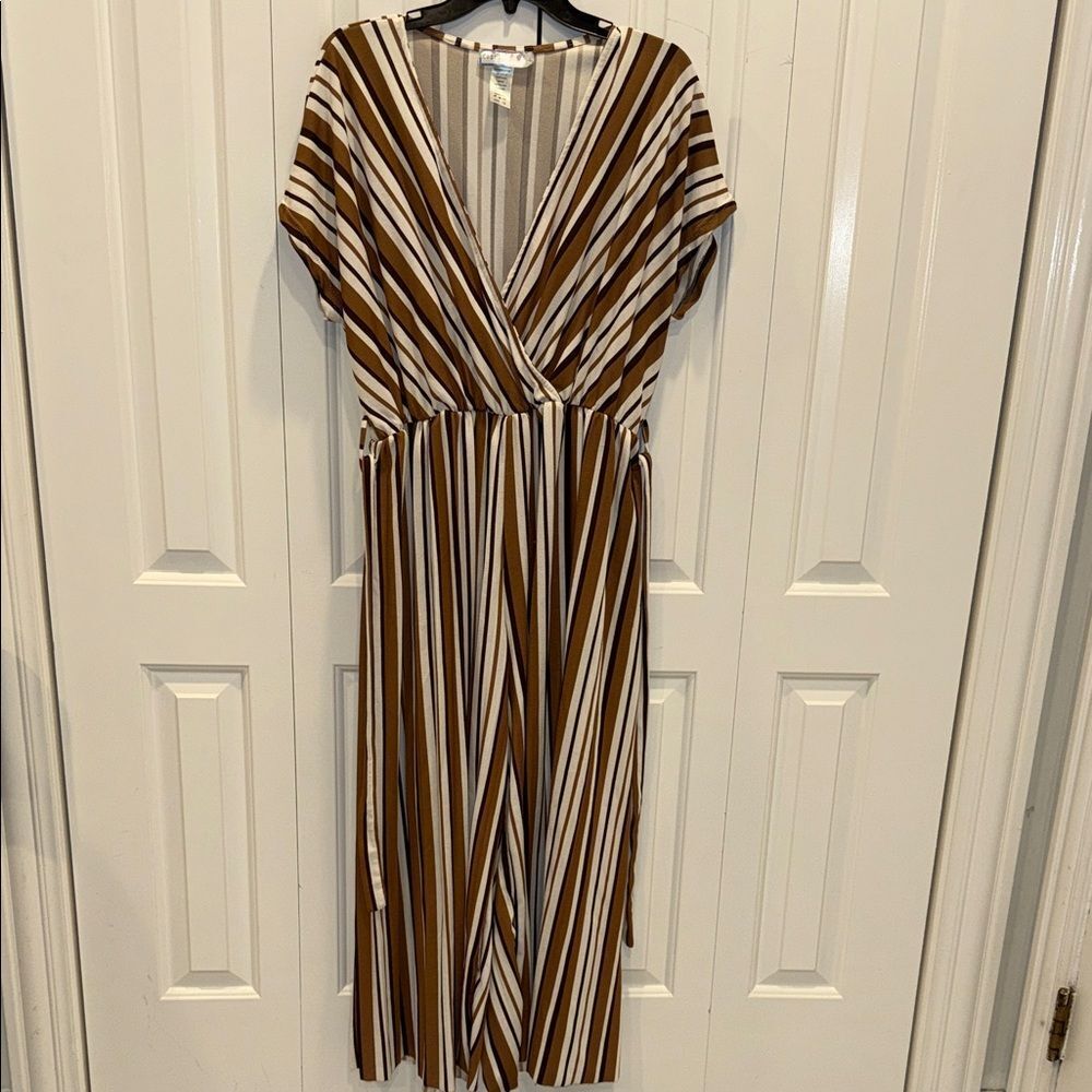 Striped V-Neck Wrap Midi Dress in Brown & White